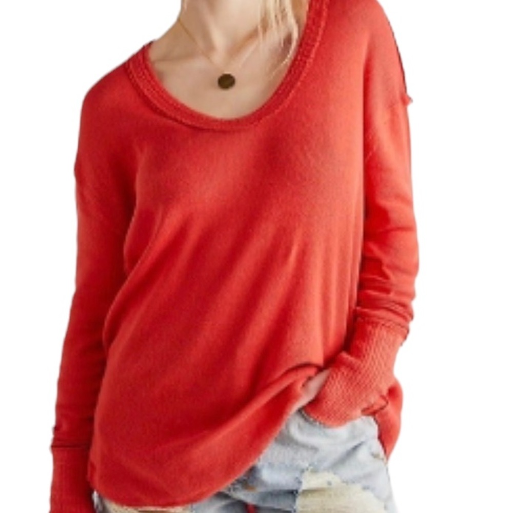Free People Soft Scoop Neck Long Sleeve Top in Coral Red